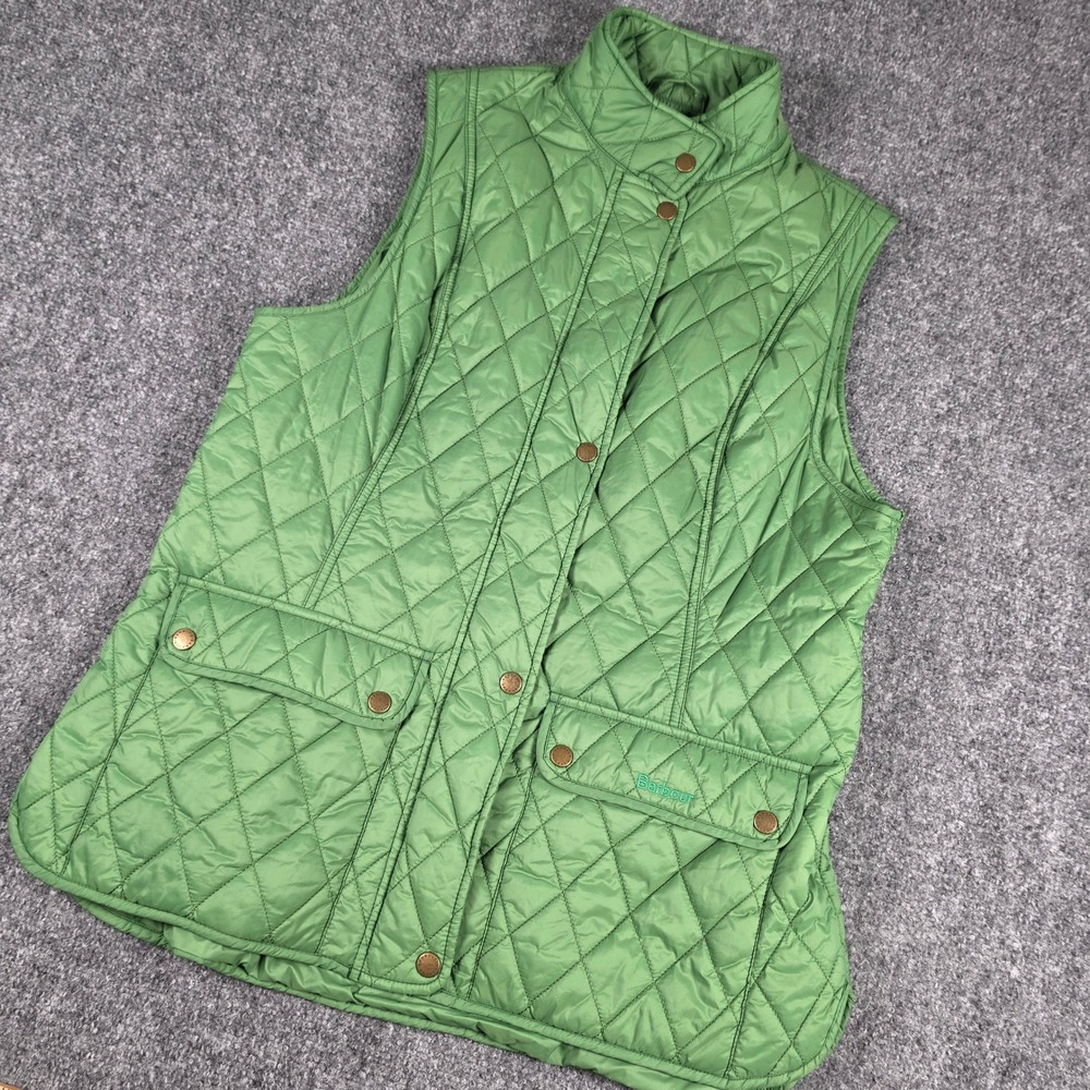 Barbour Quilted Vest Women Size 12‎ Green Snap Front Mock Neck Lightweight Gilet